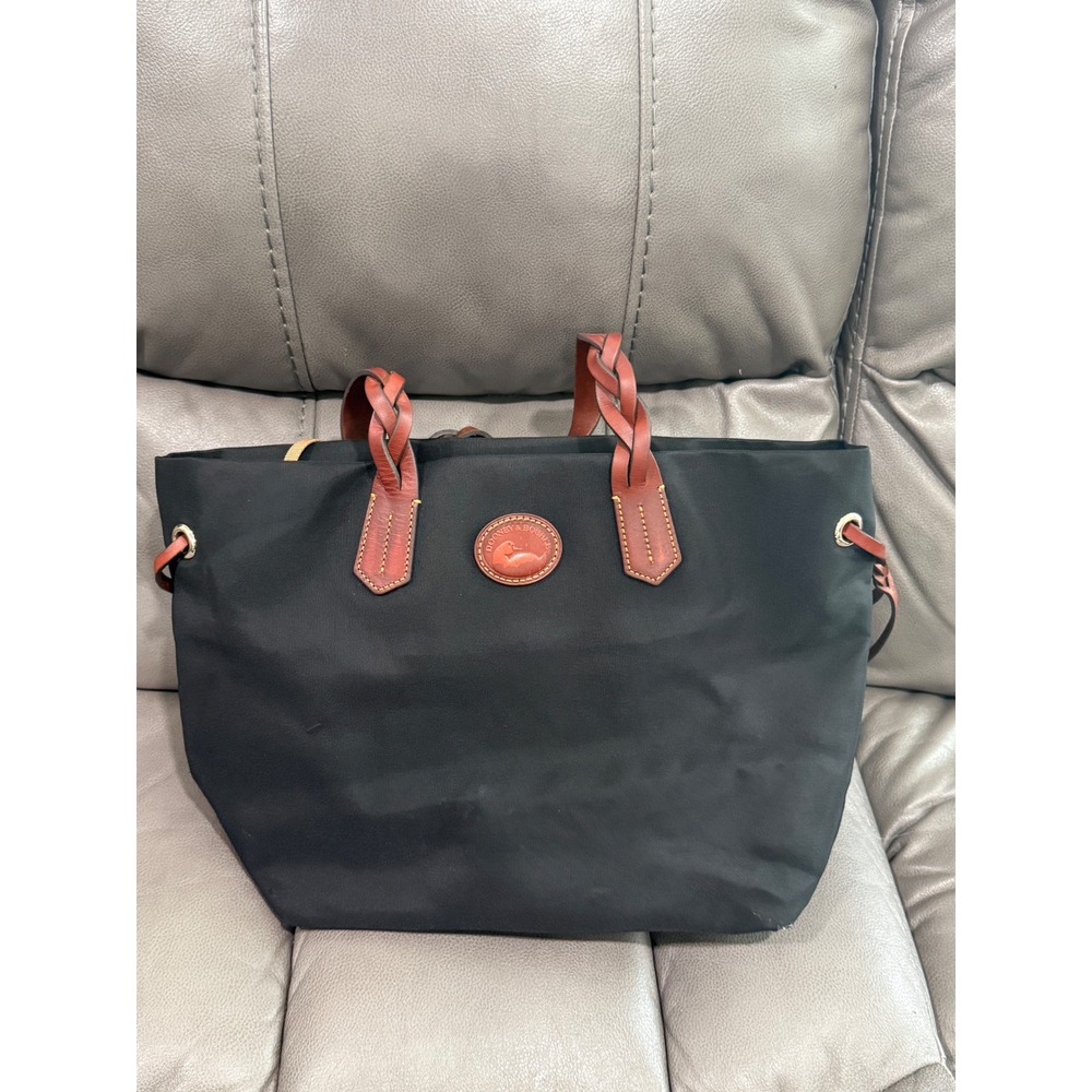 Dooney & Bourke Black Nylon Shopper Tote Bag Braided Leather Handles Red Lining